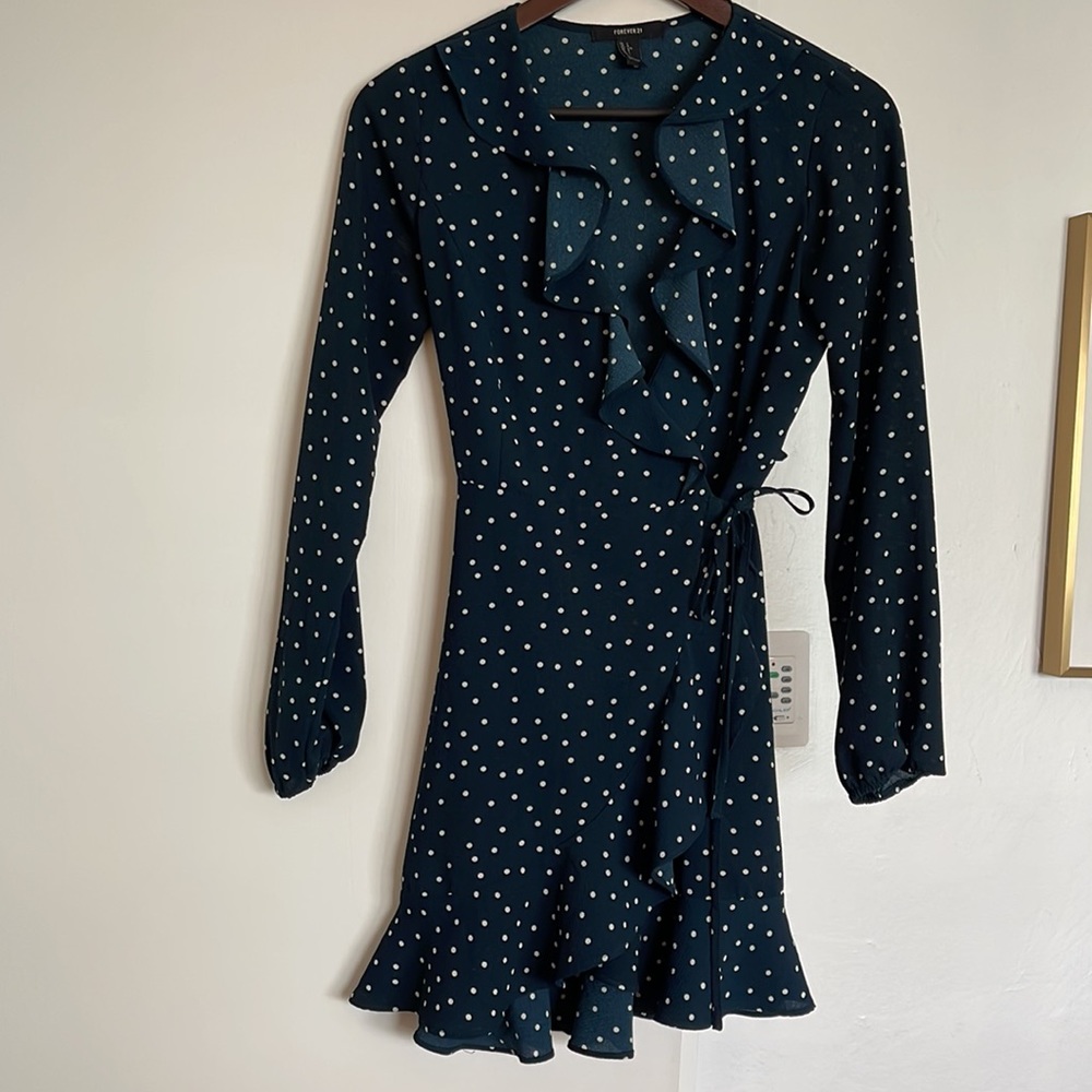 Ruffle navy polka dot wrap dress